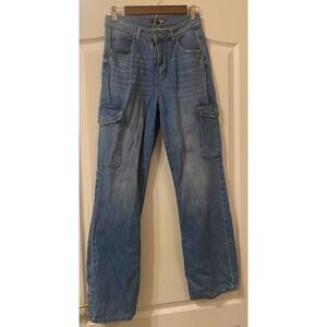 Fashion Nova Cargo Jeans Womens Size 5 Medium Wash Blue Straight Leg 100% Cotton